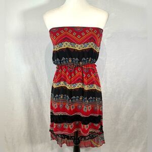 Strapless red and black tribal print lace detail dress size small